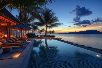 Wall Mural - beautiful swimming pool with lounge chairs and umbrellas under palm trees at sunset on the beach in 