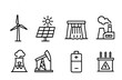 © Влада Яковенко - Renewable energy and power generation icon set – outline style eco-friendly, sustainable, and green energy symbols for environmental projects: wind turbine, solar panel, hydroelectric dam, power