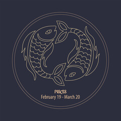 horoscope, zodiac sign pisces, golden design on a blue starry background. illustration