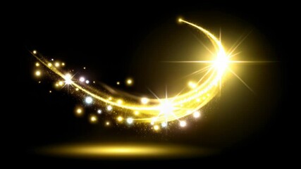 Glowing golden light trail flowing abstract design on black background illustration