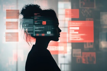 silhouette of a woman with superimposed code and digital interfaces, symbolizing technology and prog
