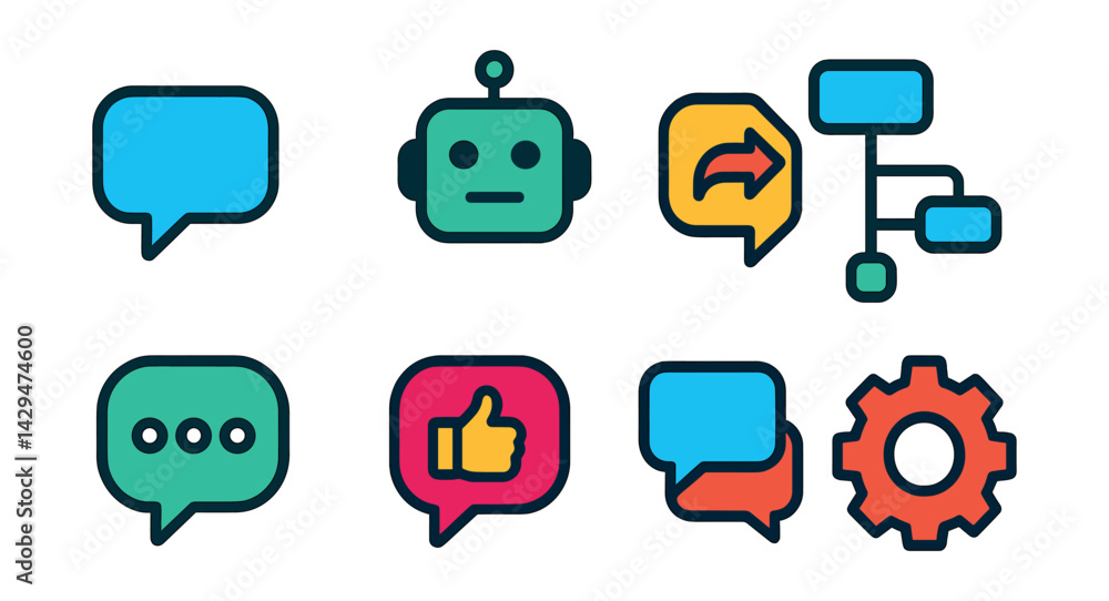 Chatbot Multi Message Icon Flat vector icons of chatbot apps: message bubble, robot face, auto ...