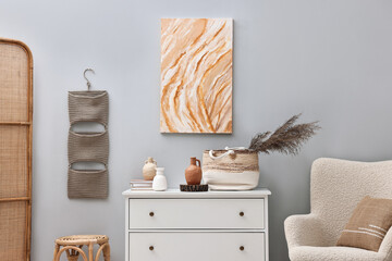 Aufkleber - Dresser and other furniture near light grey wall in room. Interior design