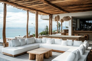 Wall Mural - a beach club hotel lounge with white sofas and wooden structures, featuring an open-air design overl