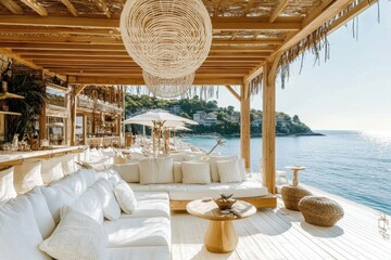 Wall Mural - a beach club lounge with white sofas and chairs, a wooden structure, and large windows overlooking t