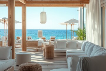Wall Mural - a modern interior design, a hotel lounge with a wooden structure and white furniture overlooking the