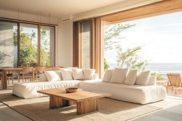Wall Mural - an interior design of a modern living room with a white sofa and wooden table, large windows overloo