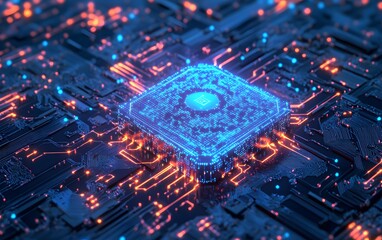 an abstract representation of a microchip glowing with vibrant circuit patterns. this futuristic ima