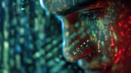 Double Exposure Portrait of Coder with Glowing Matrix Effects