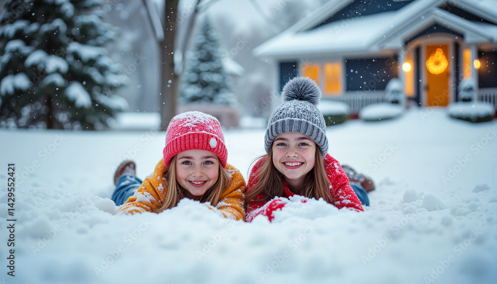 Two girls playing joyfully in the snow at a winter house Stock ...