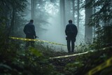 Detectives investigating crime scene in foggy forest