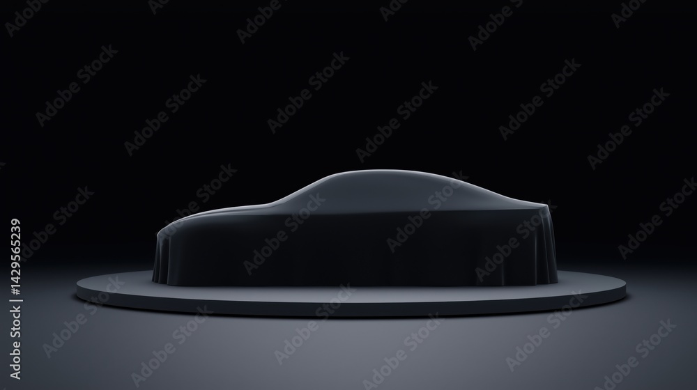Sleek car covered with a cloth in a dimly lit studio revealing an aura of anticipation and design.