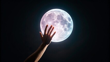 Wall Mural - a hand reaches out towards a large, glowing full moon against a dark, starry night sky, symbolizing 