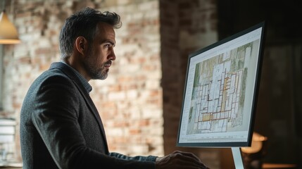 A focused architect reviews a detailed building blueprint on his computer screen, meticulously planning the structure.