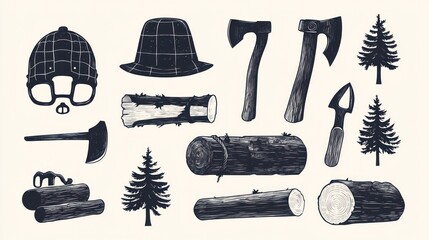 Lumberjack tools, forest silhouette, wood logs, vintage style illustration, website graphic