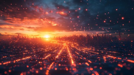 Poster - A digital painting of a futuristic city at sunset. The city is glowing with lights, and the sky is vibrant with orange and red colors. Digital Secure networks Gateway