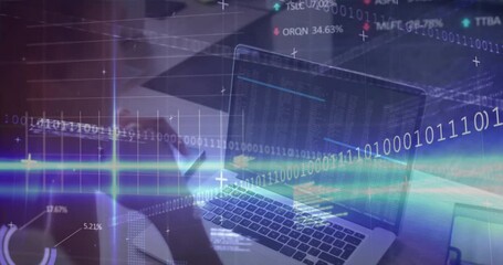 woman coder typing on laptop while holding smartphone, displaying binary charts and grid lines