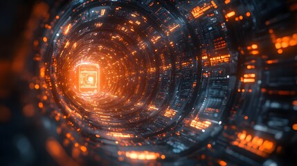 Aufkleber - An abstract digital tunnel with glowing orange circuits. Futuristic concept. Digital Futuristic Orange and Blue Digital Tunnel. Digital lock made of glowing circuit