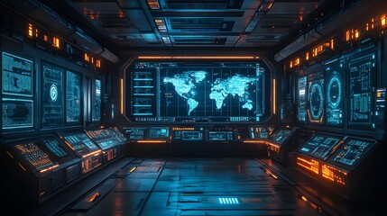 Aufkleber - A futuristic control room with large screens displaying global data. High tech and immersive. Digital Futuristic Global Monitoring Command Center Station