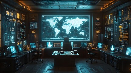 Leinwandbilder - A futuristic command center displays global data on massive screens, showcasing advanced cybersecurity and surveillance technology. Digital Futuristic Global Monitoring Center with holographic display
