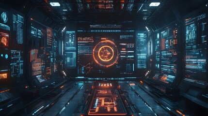Leinwandbilder - A futuristic spaceship bridge with glowing neon lights and advanced technology screens. The image showcases a highly detailed digital environment. Digital Futuristic Spaceship Bridge
