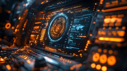 Aufkleber - Close-up of a futuristic cockpit's digital interface showcasing advanced technology. Digital Futuristic Cockpit Interface: Advanced Technology Display