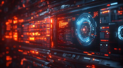 Leinwandbilder - A digital artwork depicting a futuristic tech interface with glowing lights and data streams. Digital Futuristic Tech Cybernetic Control Panel Display