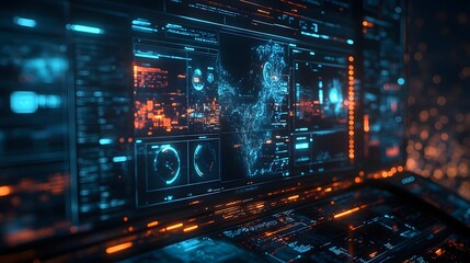 Leinwandbilder - A futuristic digital interface showcasing complex data visualizations and network maps. High-tech and advanced. Digital Futuristic Tech Cybernetic Control Panel Display