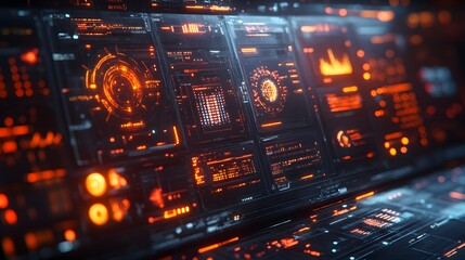 Leinwandbilder - Close-up of a futuristic digital interface with glowing orange displays and intricate details. Digital Futuristic Tech Cybernetic Control Panel Display