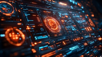 Leinwandbilder - A futuristic digital dashboard with glowing orange and blue elements. Shows a complex technological interface. Digital Futuristic Tech Cybernetic Control Panel Display