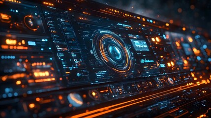 Aufkleber - Close-up view of a futuristic digital interface, glowing with vibrant orange and blue lights. Sci-fi control panel concept. Digital Futuristic Digital Interface: Neon Lights and Data Streams