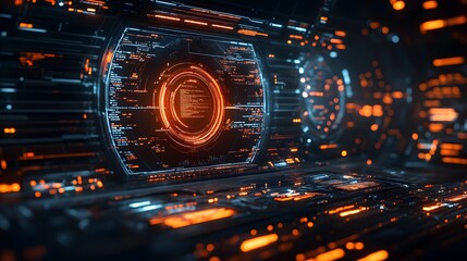 Leinwandbilder - A close-up of a futuristic digital interface, showcasing a vibrant display with glowing orange and blue elements. Digital Futuristic Tech Interface: Digital HUD Display