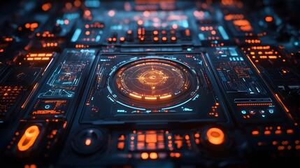 Leinwandbilder - Close-up view of a futuristic digital interface with glowing neon lights. Digital Futuristic Tech Interface: Digital HUD Display