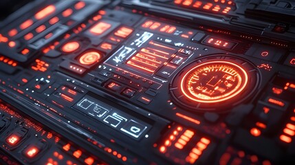 Aufkleber - Close-up view of a futuristic control panel with glowing red and blue lights. Sci-fi technology concept. Digital Futuristic Tech Interface: Digital HUD Display