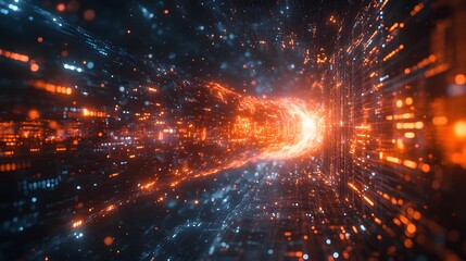 Leinwandbilder - Abstract digital tunnel, neon lights, futuristic space journey. Glowing energy and data stream. Digital Surreal depiction of a Cyber Attack