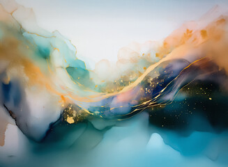 Poster - Abstract fluid art featuring blends of teal, gold, and rust hues creating organic shapes. The piece has an ethereal, watercolor-like appearance.