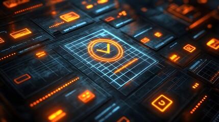 Leinwandbilder - Futuristic digital interface showcasing data security and verification process. Orange and blue tones. Digital Cybersecurity System Interface: Data Protection and Verification