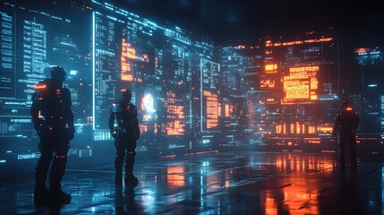 Aufkleber - Three astronauts in a futuristic environment observing massive data streams projected onto a wall. Digital Cyberpunk Astronauts Observing Futuristic Data Streams