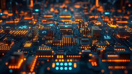 Poster - Close-up of an abstract circuit board, showcasing intricate details and glowing components. A digital metropolis. Digital Abstract Circuit Board: A Digital Metropolis of Technology