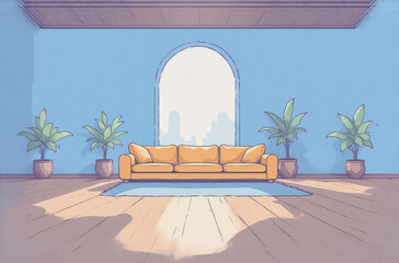 Poster - Sunlit living room with a yellow couch, potted plants, and an arched window offering a cityscape view.  Perfect avatar background.