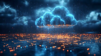 Aufkleber - Digital cloud raining data over a city. Modern technology concept. Digital Cloud Data Network Over Illuminated Cyber Threat Cityscape