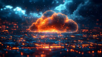 Aufkleber - Abstract digital art depicting a fiery cloud symbolizing cloud computing hovering over a network landscape Fiery Cloud Computing: Digital Network Landscape Cyber Threat