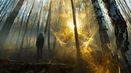 Forest clearing fear giant web glistens mist sunbeams arachnophobic person macro details signature.