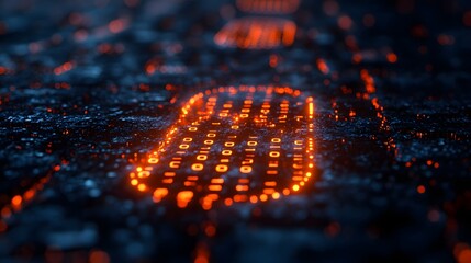 Aufkleber - Glowing binary code forming a Footprint on a dark digital landscape. Digital Abstract Digital Footprint: Binary Code Embers