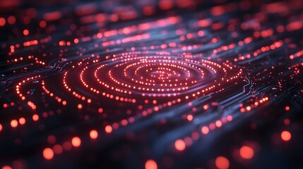 Leinwandbilder - A mesmerizing digital art piece depicting a circuit board with red glowing nodes forming concentric circles. Abstract Digital Fingerprint Circuitry: Red Glowing Nodes in Concentric Circles