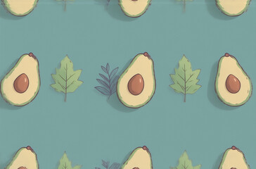 Poster - A repeating pattern featuring halved avocados and tropical leaves on a teal background.  Perfect as a fun, vibrant avatar.
