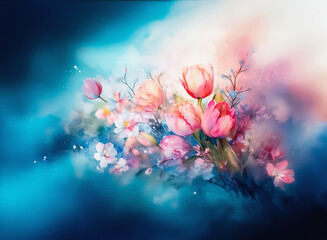 Fototapete - An abstract floral composition featuring tulips, small blossoms, and branches against a gradient blue, pink, and white background. Soft lighting and watercolor-like textures create a dreamy atmosphere