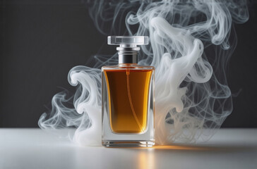 Aufkleber - A luxurious amber perfume bottle sits on a white surface, enveloped by ethereal white smoke, suggesting a captivating scent.  The dark background enhances the fragrance's mystery.