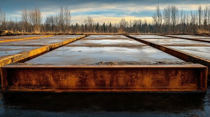 Rusty steel beams on wetland construction site