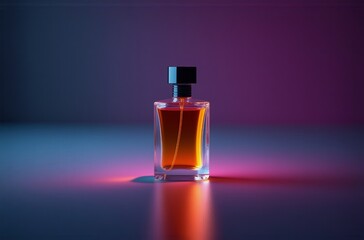 Fototapete - A rectangular amber perfume bottle with a silver cap sits on a reflective surface, illuminated by vibrant pink and blue lighting.  The scene is minimalist and stylish.